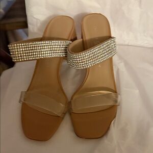 Elegant Tan Rhinestone Women's Sandals block heel